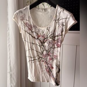 Guess White and Pink Floral Short Sleeve Top